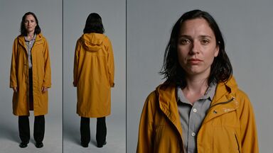 Mara character sheet: front, back and close-up in the mustard raincoat