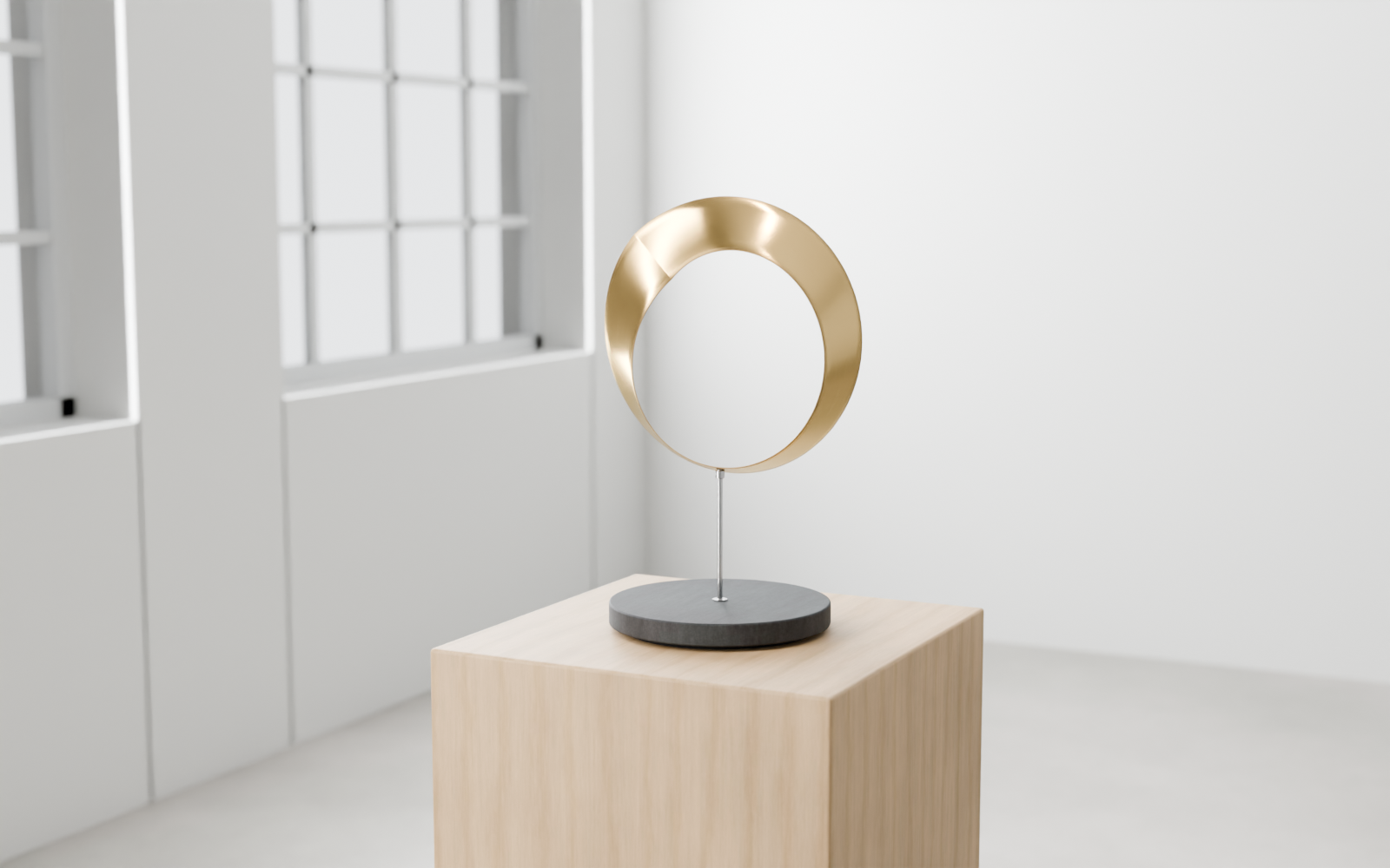Hero view: the brass ribbon above its slate disc on an oak plinth, gallery windows behind.